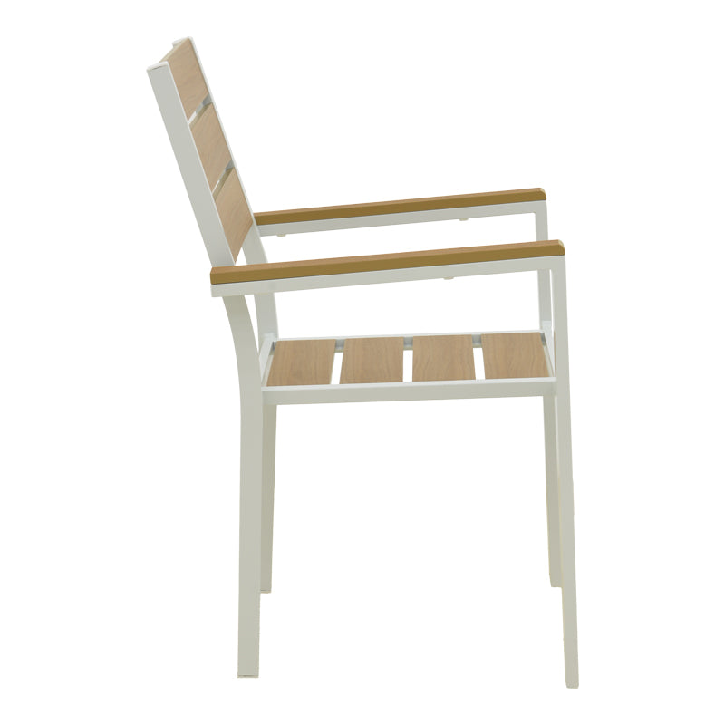 Модерна бела алуминиумска фотелја Luxe со раконаслони од природно дрво 57.5x60x88cm