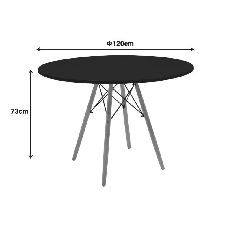 Модерна тркалезна трпезариска маса Avonit со црна мат површина и цврсти ногарки од буково дрво во скандинавски стил