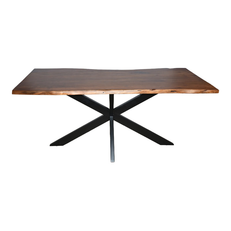 Трпезариска маса Auracore од масивно дрво акација во орев нијанса со робусни црни метални ногарки