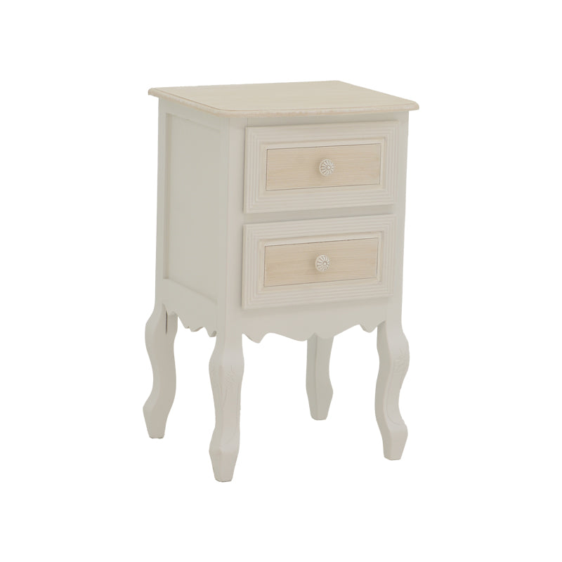 Префинета ноќна масичка Bedside table Halis со горна плоча во природна нијанса на дрво, античко бела рамка, функционална фиока и долна решеткаста полица