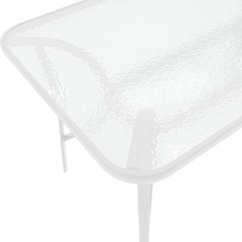 Модерен трпезариски сет Beamda со бела стаклена маса и четири бели метални столици во минималистички стил