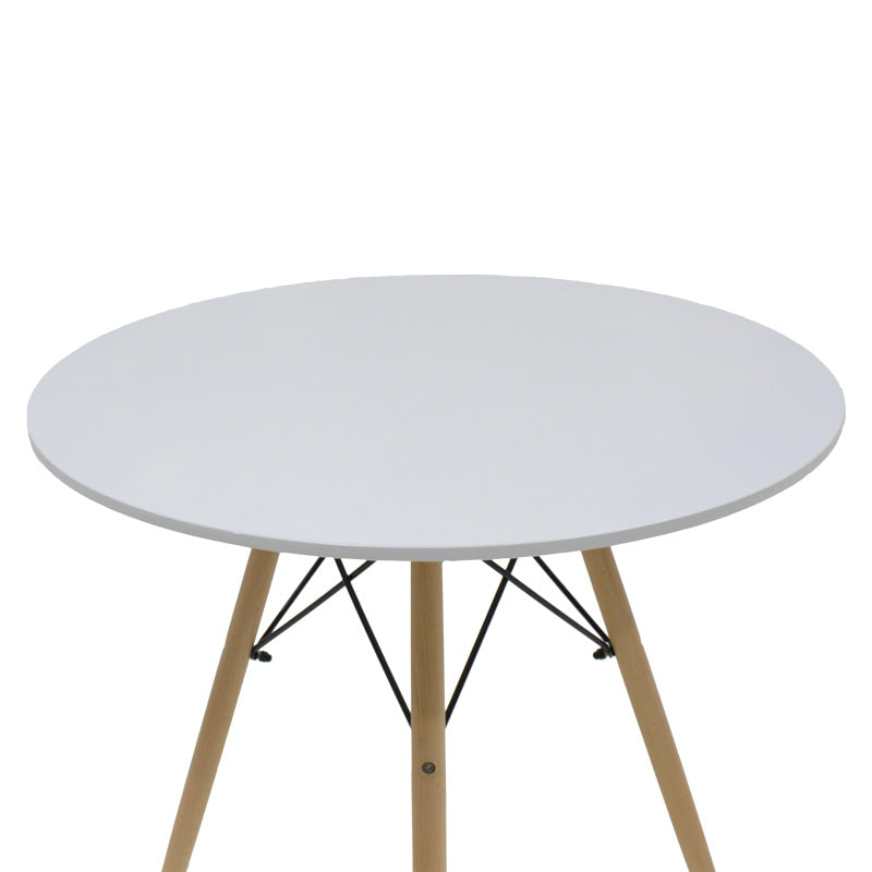Модерен и компактен 5-делен трпезариски сет Dining Table Set Umberax кој вклучува тркалезна бела мат маса со натур дрвени ногарки и четири прилагодени темно сиви лоунџ столици