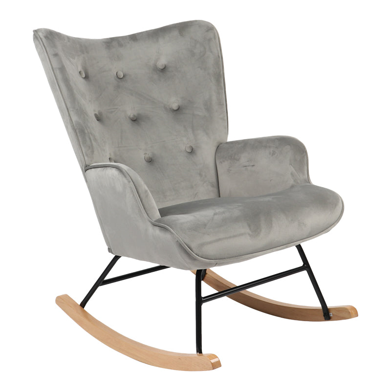 Модерна, естетска и уникатна фотелја за лулање Rocking armchair Jarvisic со мек тапацир од префинето сиво кадифе и ергономски дрвени шини во природна нијанса