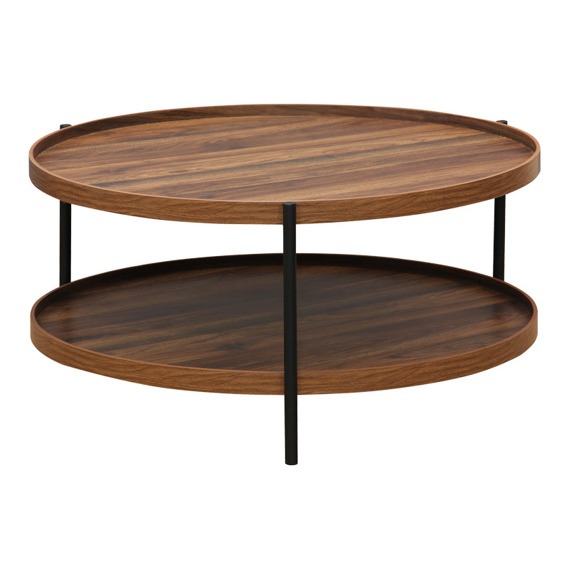 Модерна, естетска и уникатна тркалезна клуб масичка Coffee table Illic со широка горна плоча во длабока орев нијанса и симетрична црна метална структура