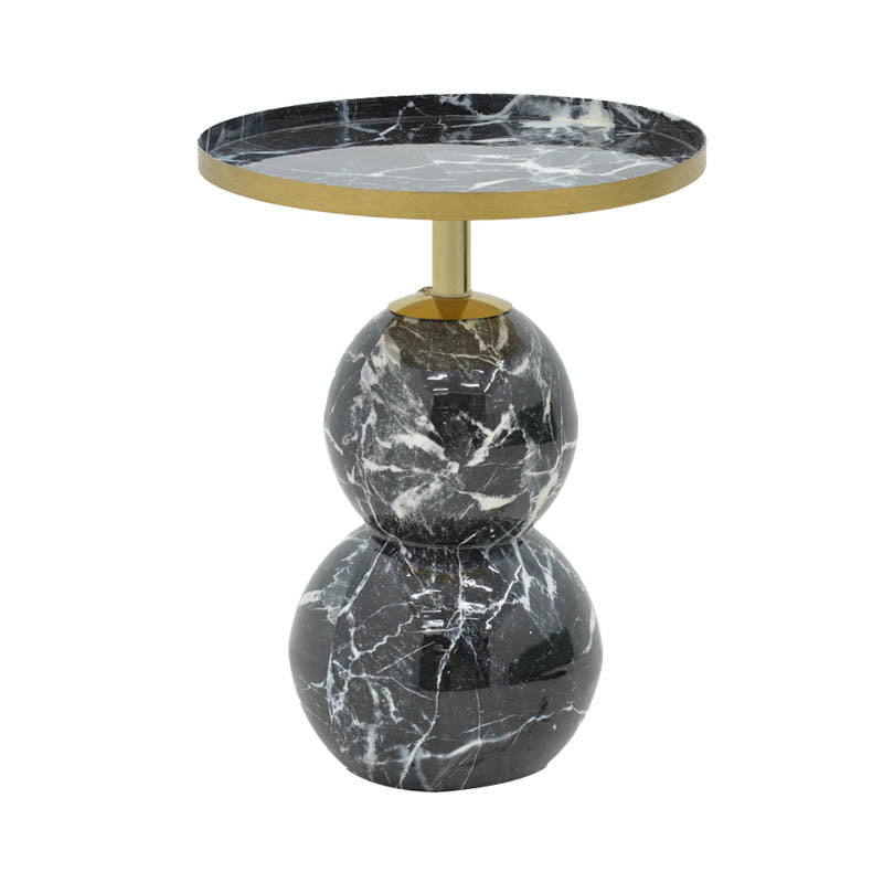 Модерна, естетска и уникатна тркалезна помошна масичка Side table Halia со луксузна горна плоча од природен црн мермер и софистицирана црно-златна метална структура