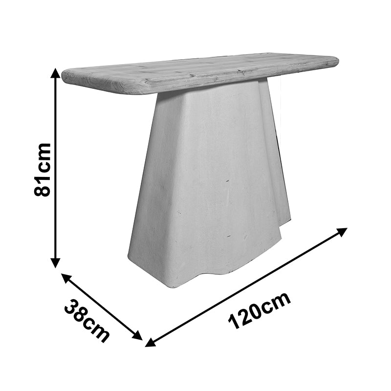 Модерна, естетска и уникатна конзолна маса Console Table Restic со горна површина во природна нијанса на дрво и зајакната естетска шасија во екри боја