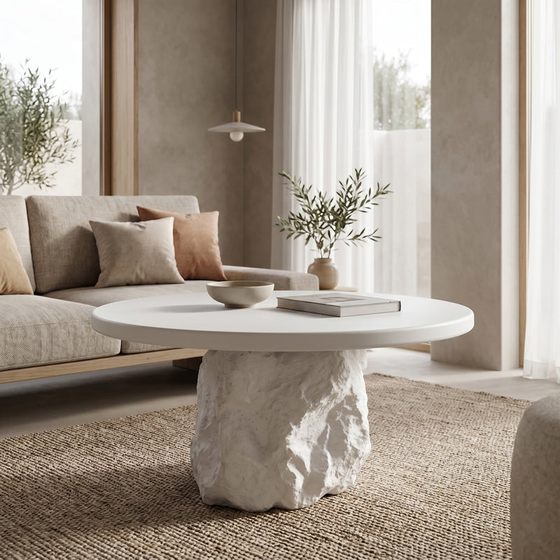 Модерна, естетска и уникатна тркалезна клупска маса Coffee Table Sapeleic во чиста бела боја со мазна горна површина и стабилна паметна архитектура