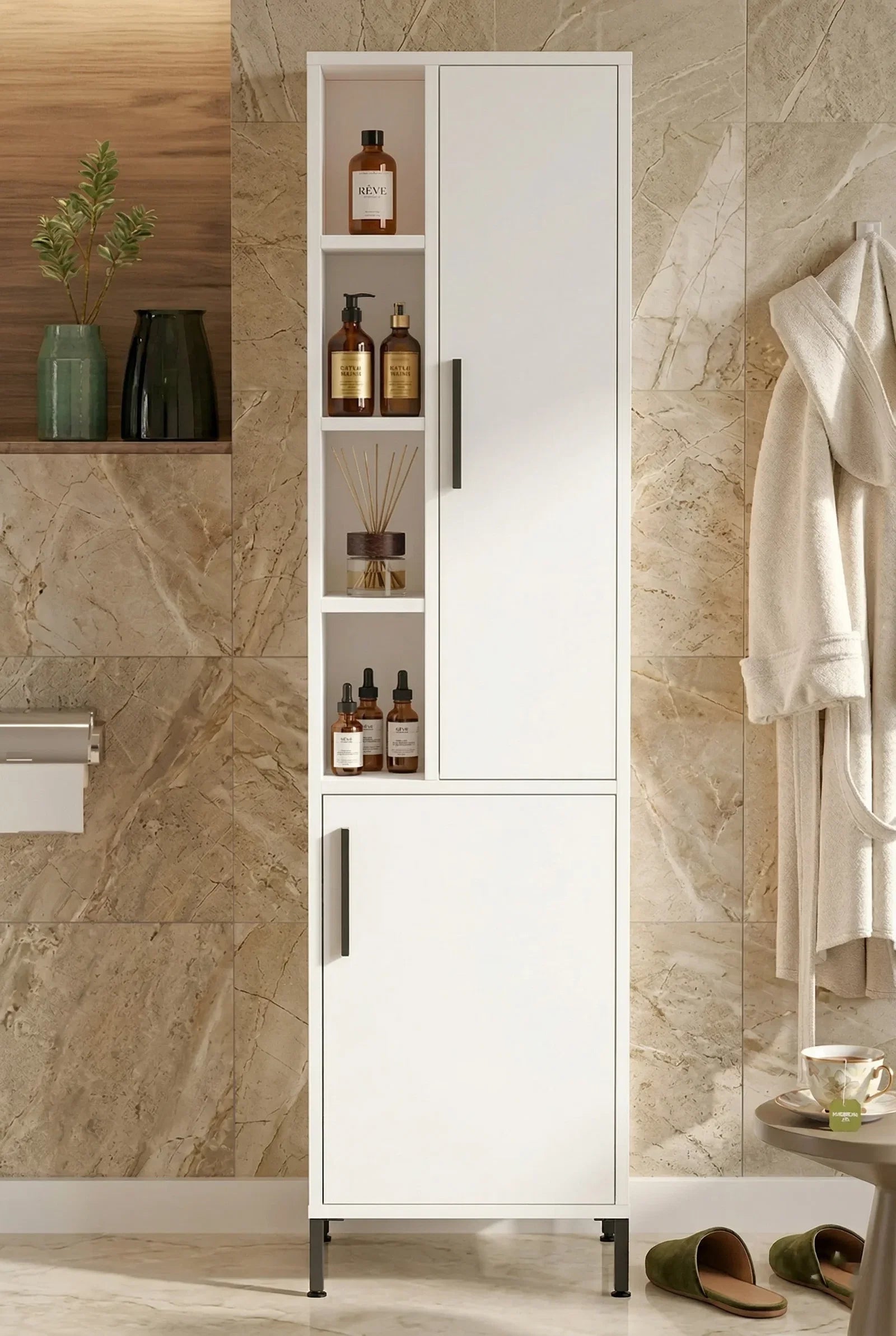 VERONA Tall Bathroom Cabinet with Shelves and 2 Doors – White
